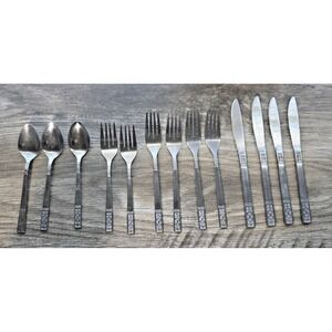 Vintage 12 PC CUSTOMCRAFT Fleur de Lis Stainless Spoon Fork Knife Taiwan Japan